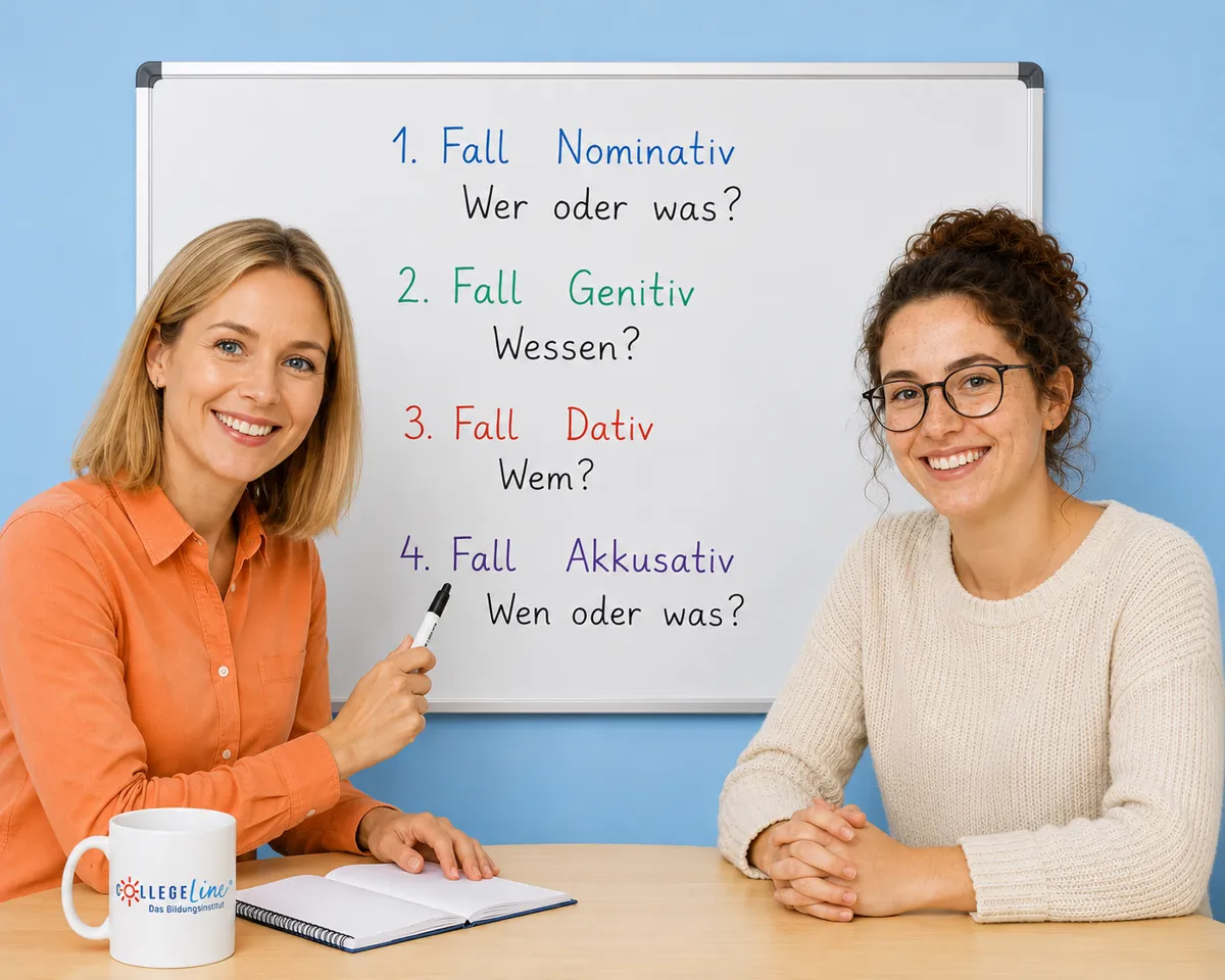 Lerntrainerin erklärt die vier Fälle an der Tafel