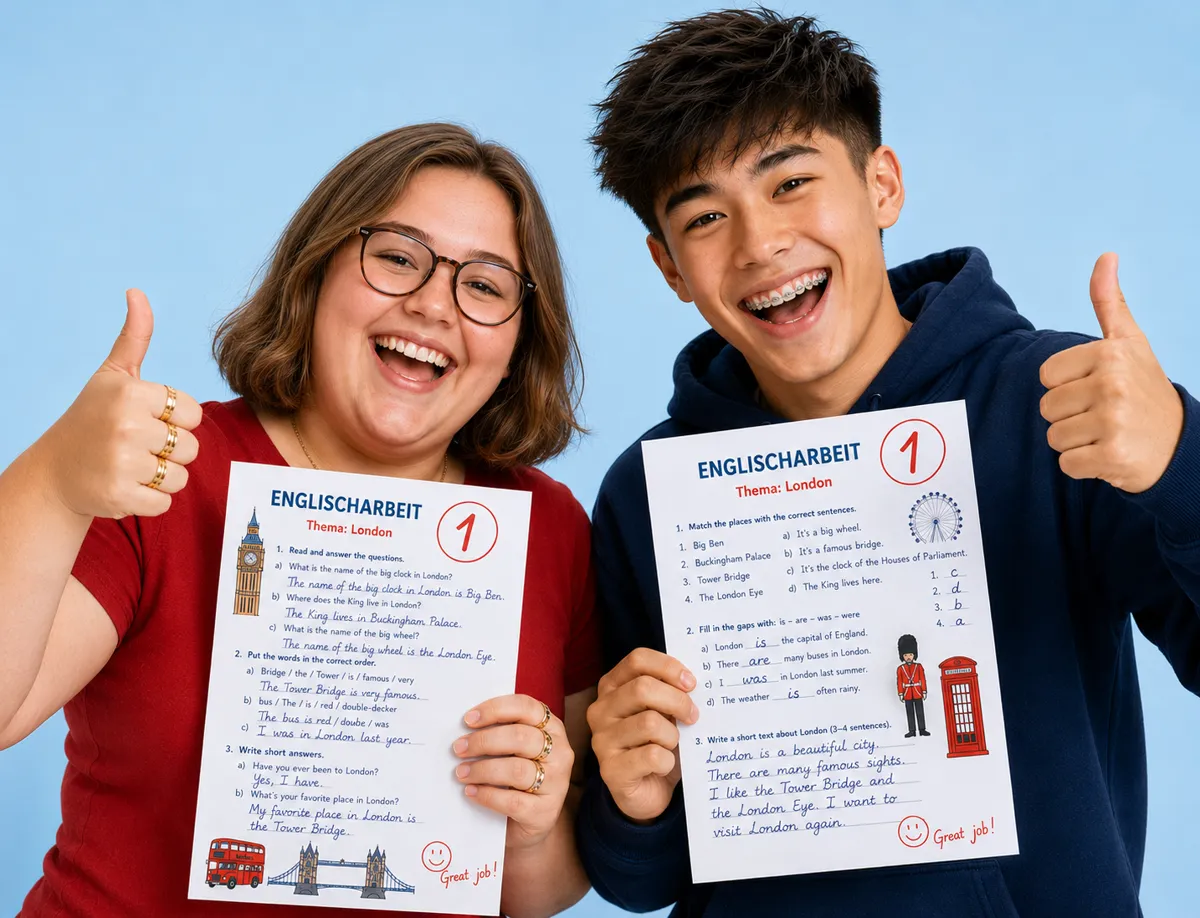 Zwei Schüler zeigen ihre Englischarbeit mit Note 1