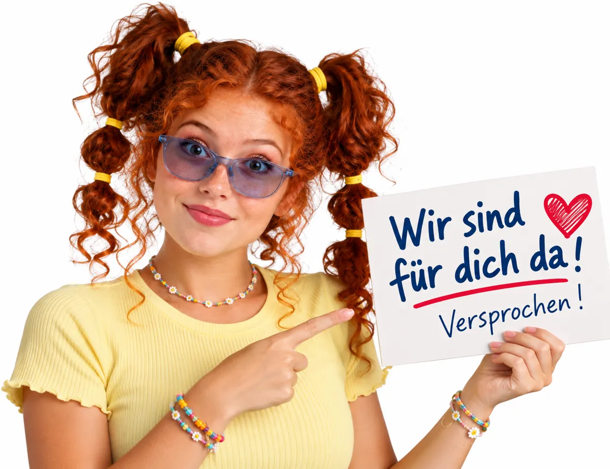 Mädchen zeigt Schild 'Wir sind für dich da! Versprochen!'