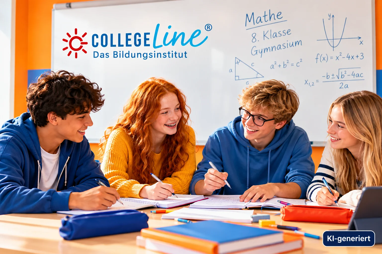 Vier Jugendliche lernen gemeinsam Mathematik in einer CollegeLine-Nachhilfegruppe der 8. Klasse